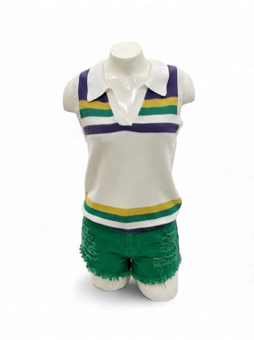 Ivory Mardi Gras Striped Polo Sleeveless Sweater
