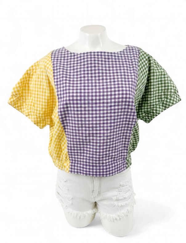 Mardi Gras Color Block Checkered Cropped Short Sleeve Top