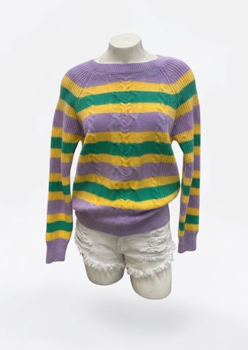 Lavender Mardi Gras Knitted Striped Crewneck Sweater
