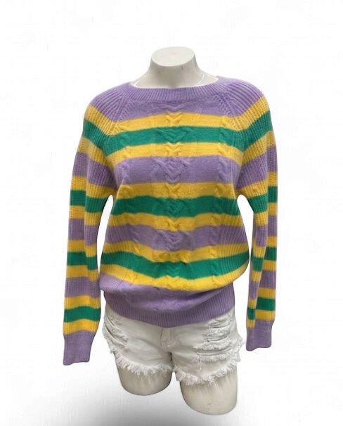 Lavender Mardi Gras Knitted Striped Crewneck Sweater