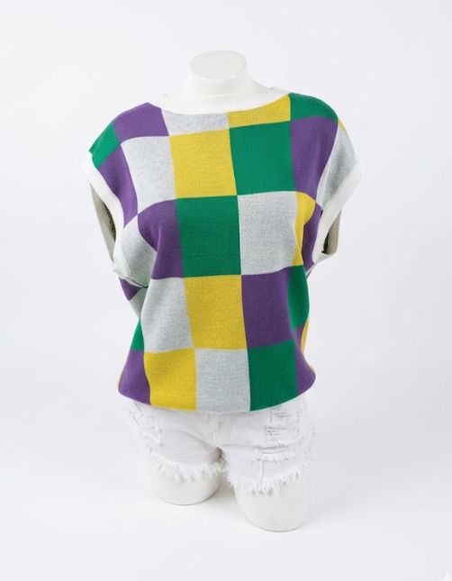 Off White Mardi Gras Checker Pattern Sleeveless Sweater