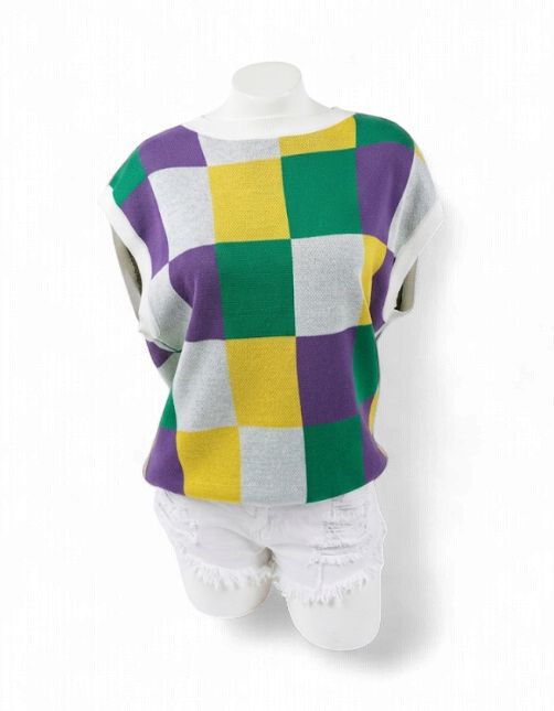 Off White Mardi Gras Checker Pattern Sleeveless Sweater