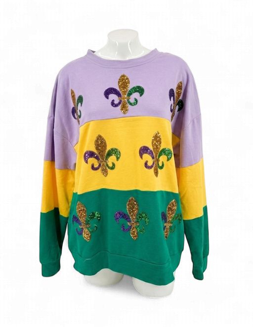 Mardi Gras Color Block Sequin Fleur De Lis Sweatshirt