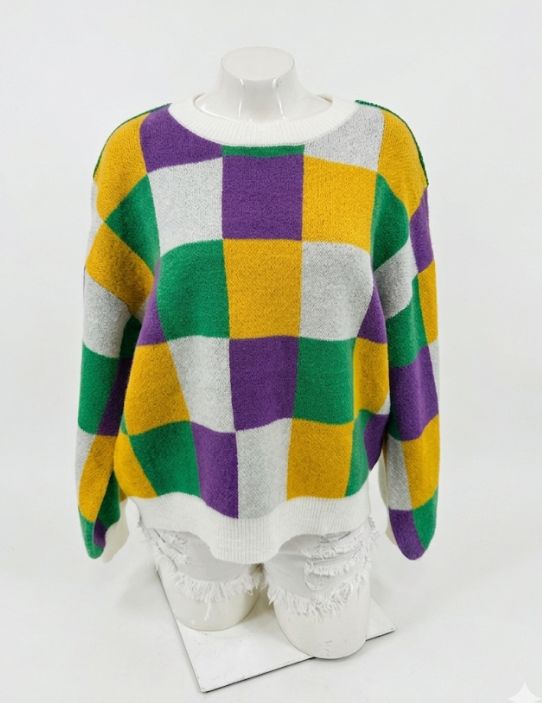 Ivory Mardi Gras Checkered Sweater