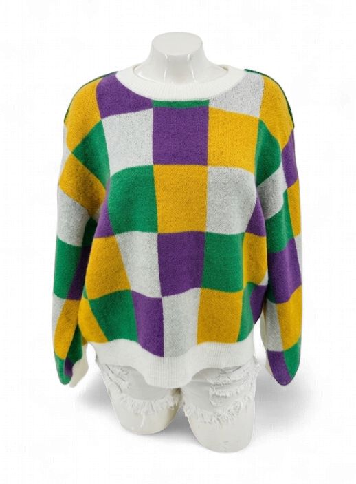 Ivory Mardi Gras Checkered Sweater