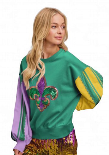 Mardi Gras Lavender Stripe with Fleur De Lis French Terry Sweater