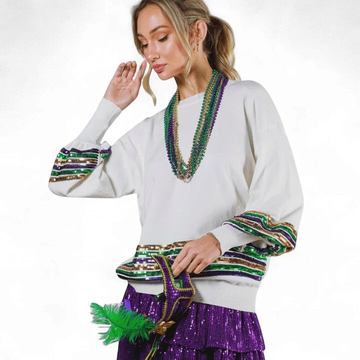Off White Mardi Gras Sequin Trim Sweater