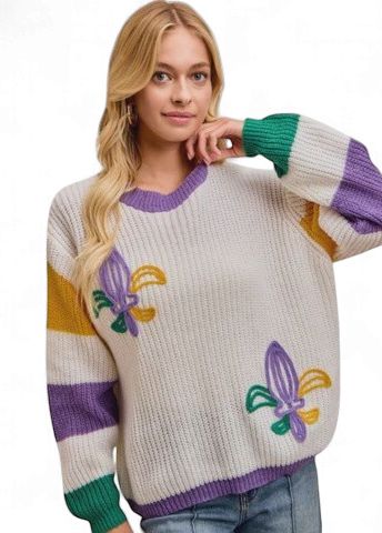 Mardi Gras Embroidered Fleur De Lis Long Sleeve Sweater