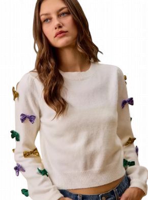 Mardi Gras Glitter Bows on Sleeve Long Sleeve Sweater