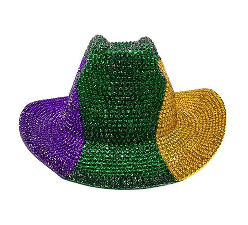 Purple, Green, and Gold Mardi Gras Rhinestone Cowboy Hat (Each)