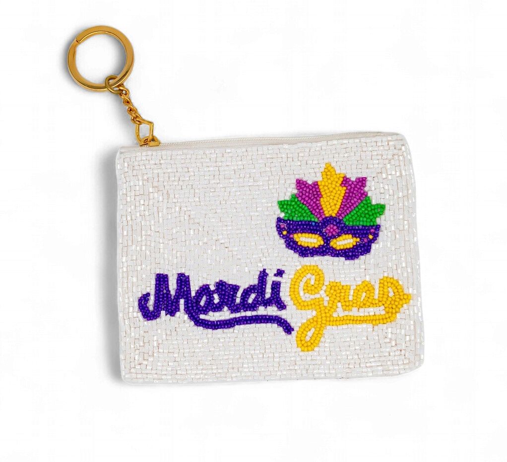 White Beaded Mardi Gras Coin Purse (Each)