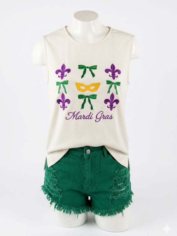 Ivory Mardi Gras Fleur De Lis and Ribbon Embroidered Top