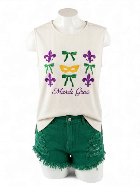 Ivory Mardi Gras Fleur De Lis and Ribbon Embroidered Top