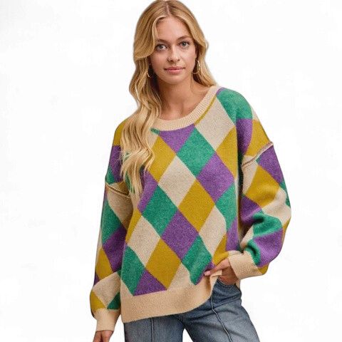 Mardi Gras Diamond Pattern Long Sleeve Sweater