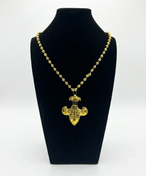 33" Black and Gold Fleur de Lis with 7.5mm Gold Mardi Gras Beads (Each) single