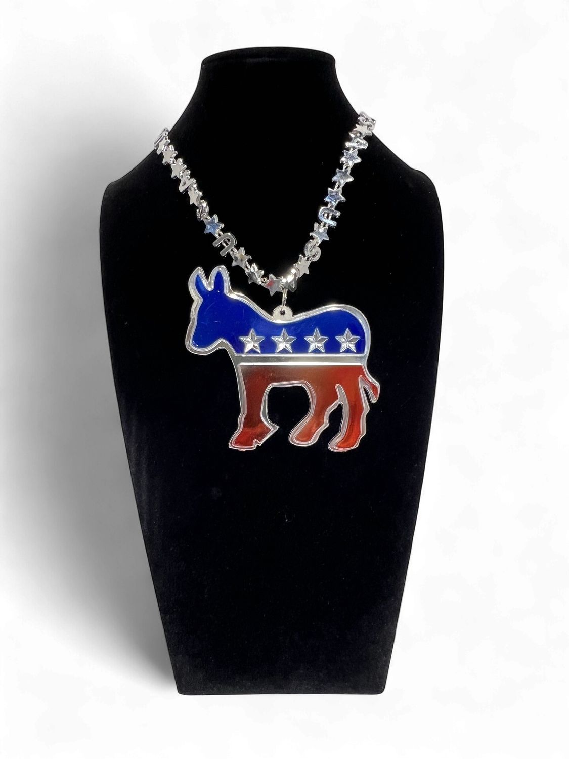 33" USA Bead Necklace - Red, Blue and Silver with Democratic Medallion single