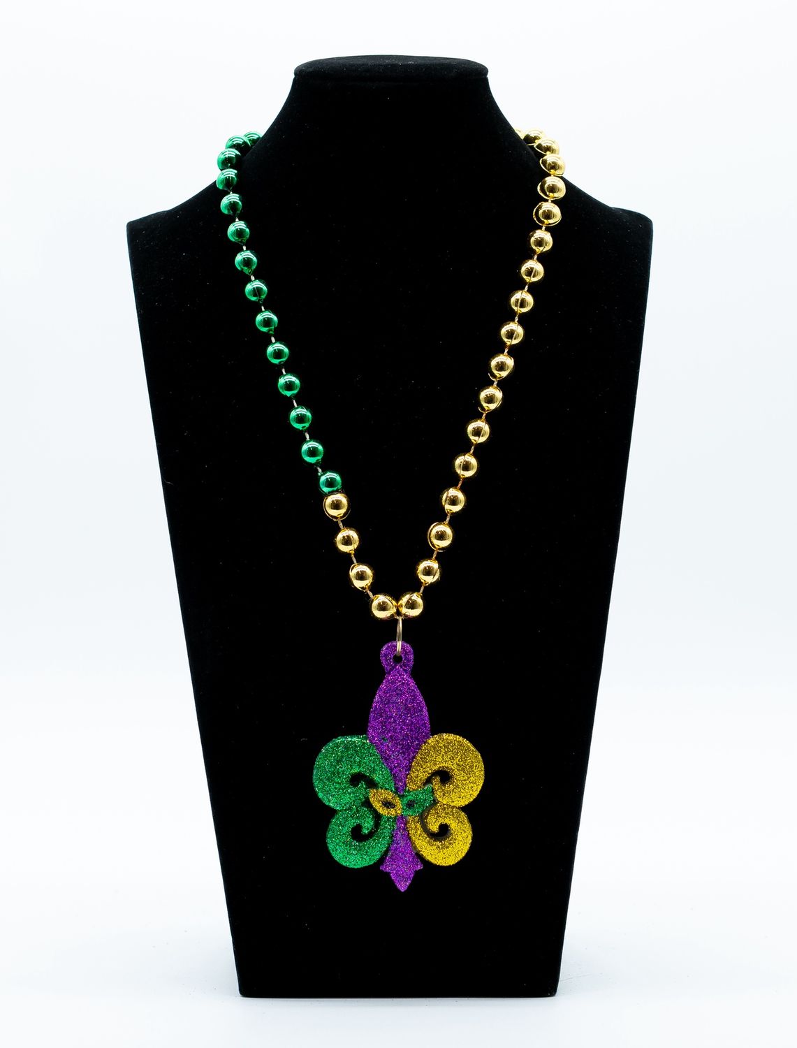 36" 10mm Purple, Green and Gold Glitter Fleur de Lis with Mask Necklace single