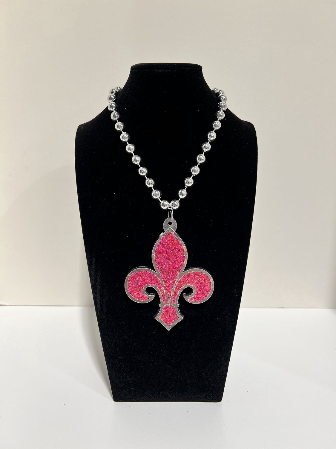 33" 10mm Silver Bead with Hot Pink Fleur de Lis Necklace single