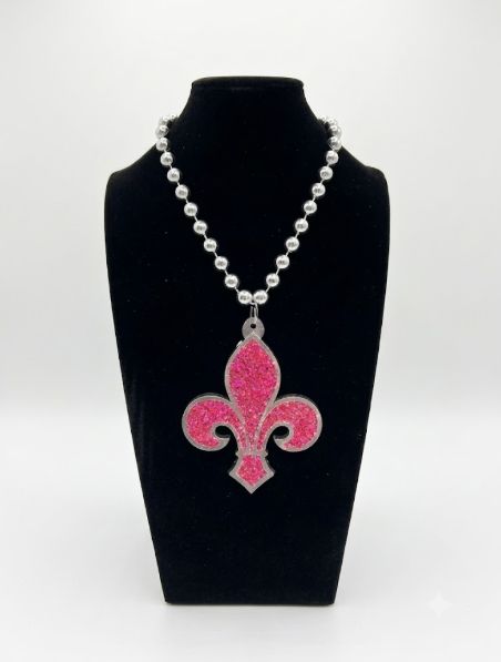 33" 10mm Silver Bead with Hot Pink Fleur de Lis Necklace single