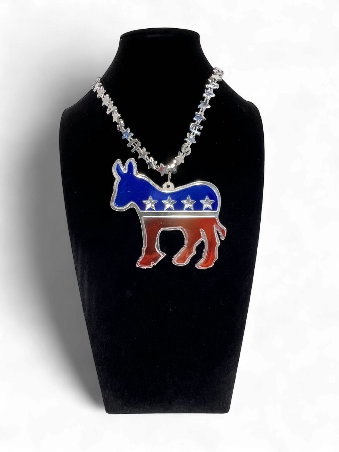 33" USA Bead Necklace - Red, Blue and Silver with Democratic Medallion (Dozen)