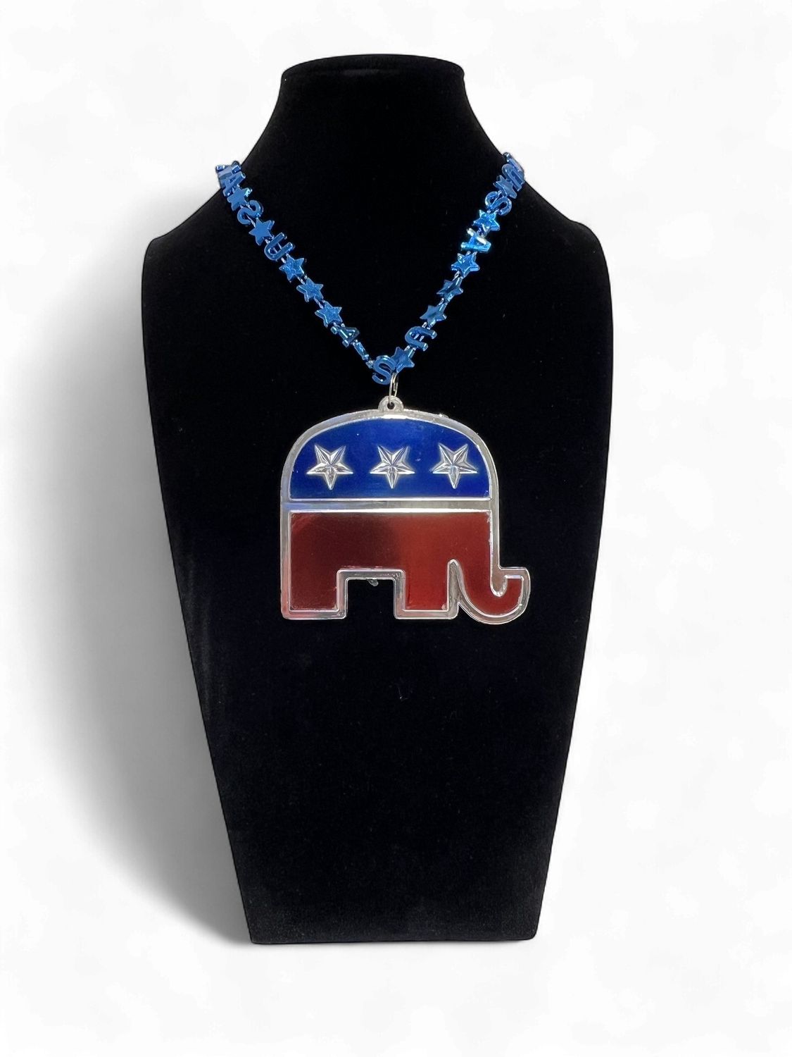 33" USA Bead Necklace - Red, Blue and Silver with Republican Medallion single