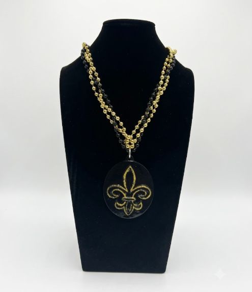 36" Black and Gold Braided Chain with A Fleur de Lis Glitter Medallion single
