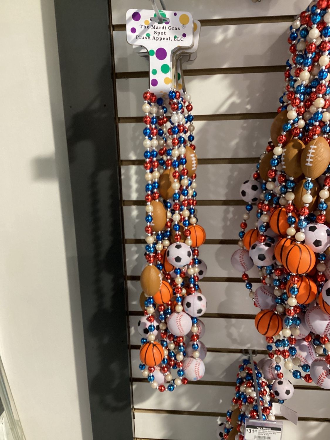 42" 10mm Four Sportsball Handstrung with Red White &amp; Blue Alternating Bead, 7mm Gold Spacers single