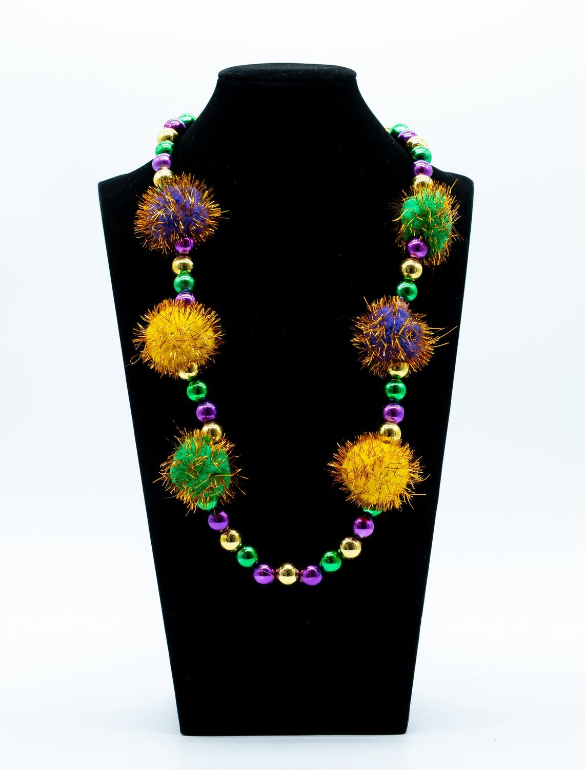 42" 40MM Purple, Green and Gold Tinsel Ball Necklace (Dozen)