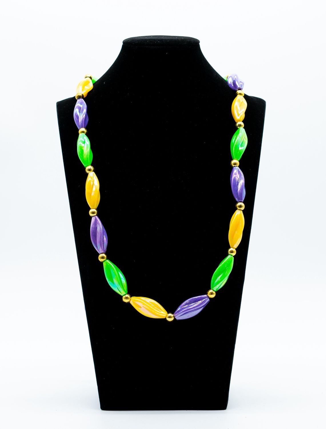 38" Swirl Aurora Borealis Purple, Green and Gold Mardi Gras Beads (Dozen)