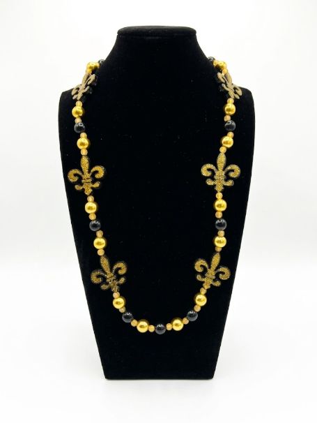 40" Black and Gold Glitter Fleur de Lis on Black and Gold Necklace (Each) single