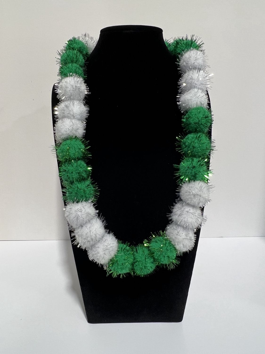 42" Green and White Tinsel Pom Pom Necklace (Dozen)