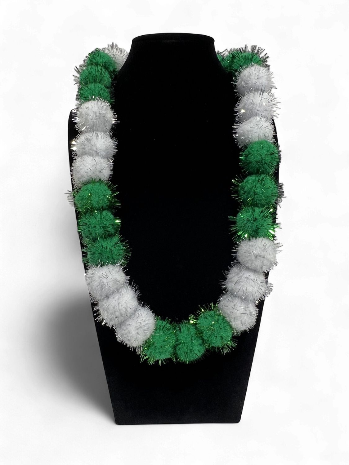 42" Green and White Tinsel Pom Pom Necklace (Dozen)
