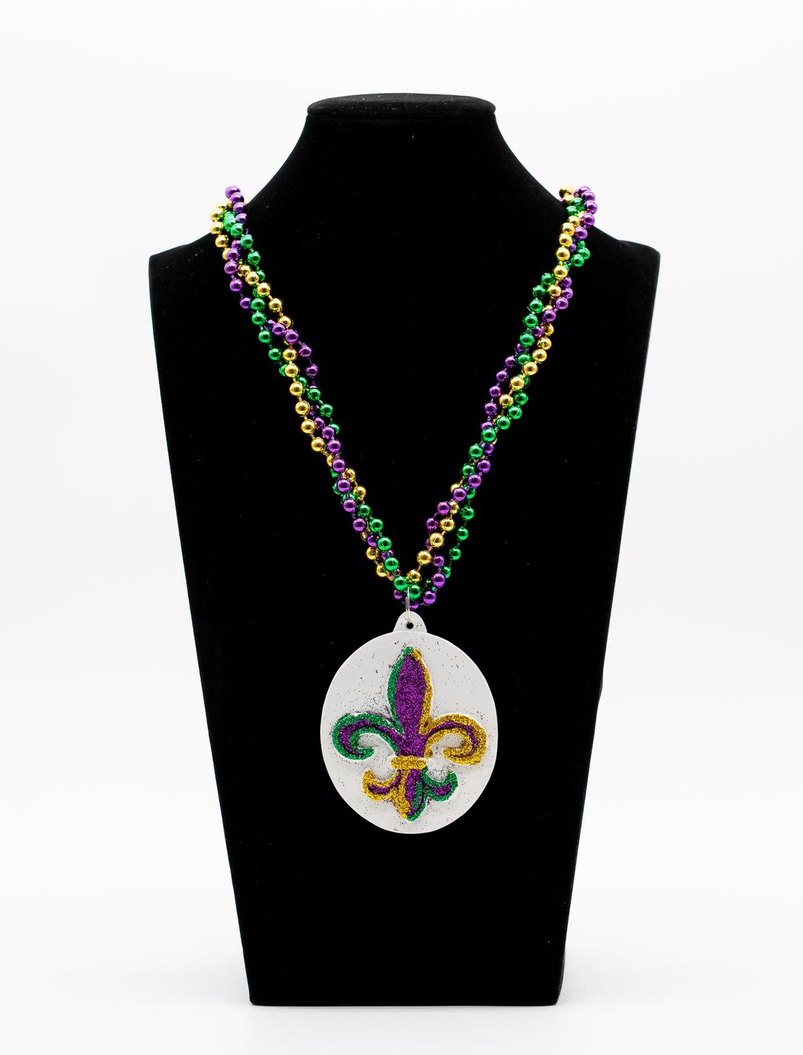 36" Purple, Green and Gold Fleur de Lis Glitter Medallion Mardi Gras Beads single