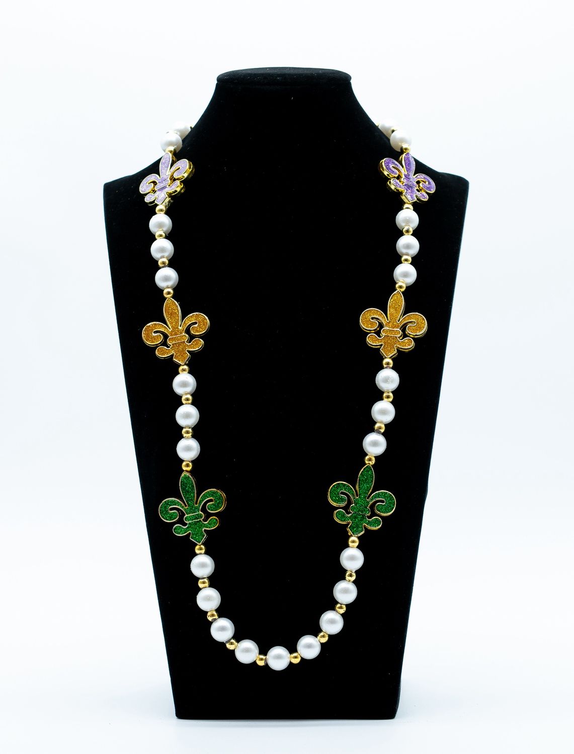 40" Purple, Green and Gold Glitter Fleur de Lis Pearl Necklace (Dozen)