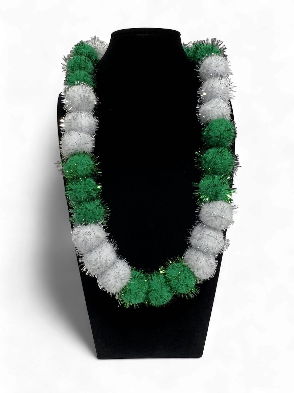 42" Green and White Tinsel Pom Pom Necklace (EACH)