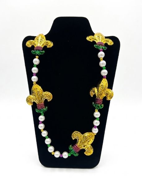 42" Purple, Green and Gold Fleur de Lis Mardi Gras Beads (Dozen)