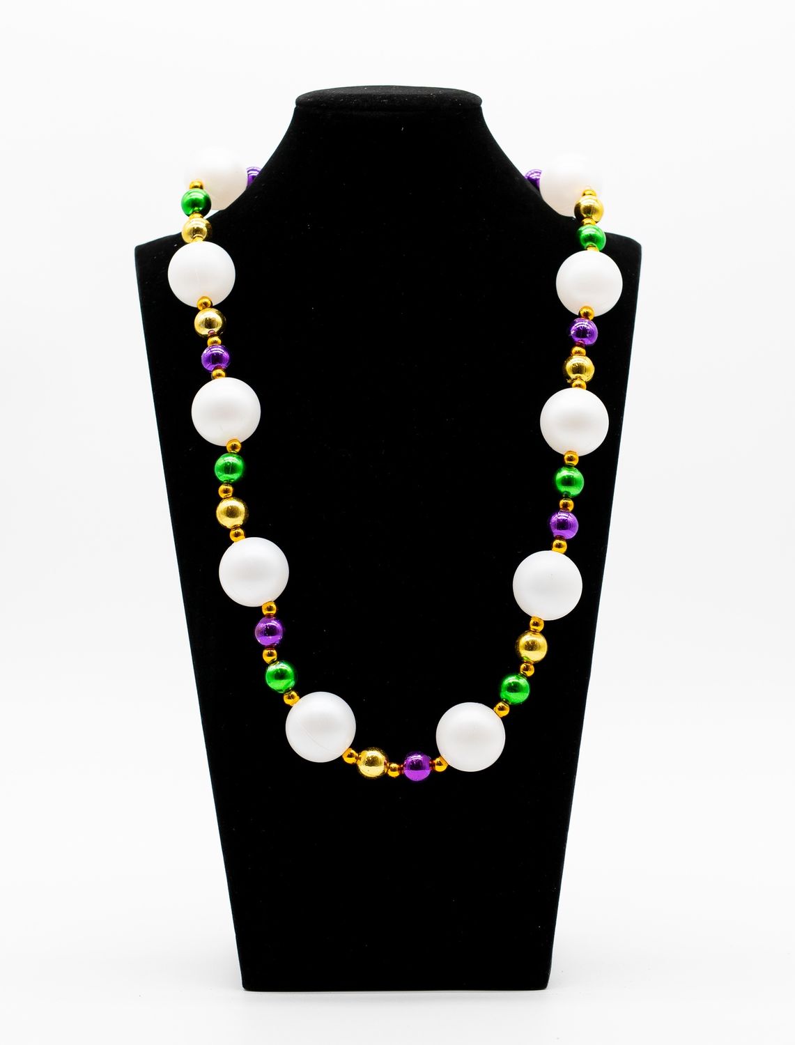 52" 25mm Pearl White Necklace with Alternating Purple, Green and Gold Beads single