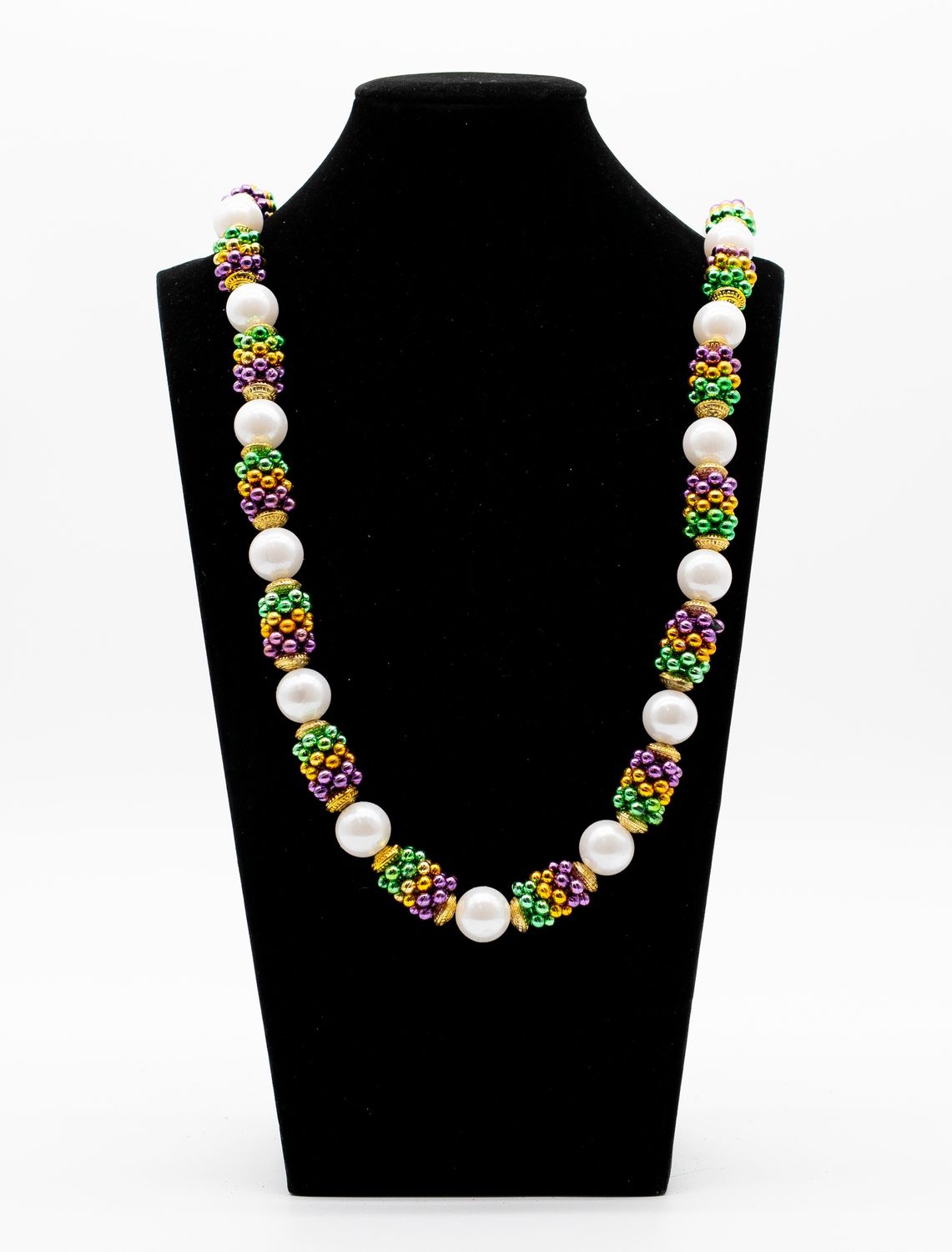 42" Purple, Green and Gold with White Pearl Mardi Gras Bead (Dozen)