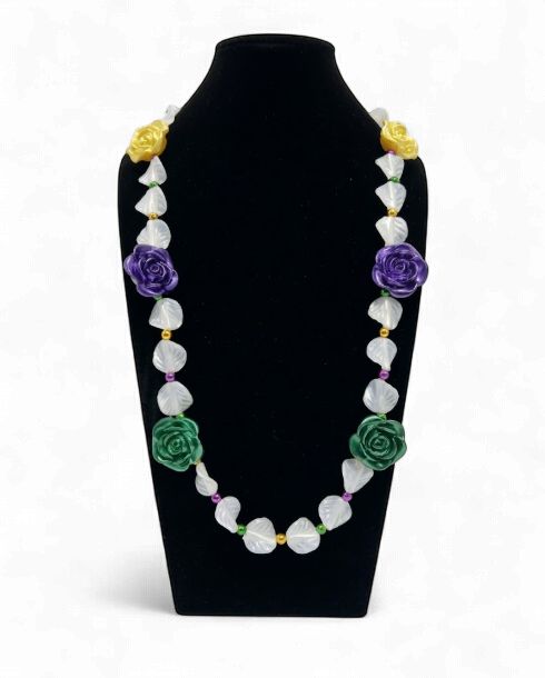 42" Purple, Green and Gold Roses Necklace (Dozen)