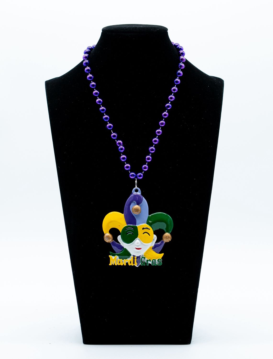 48" 8mm Purple MOT with Jester Head Mardi Gras Necklace single