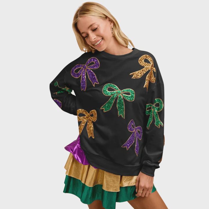 Bow Sequin Detail Mardi Gras Sweater Top