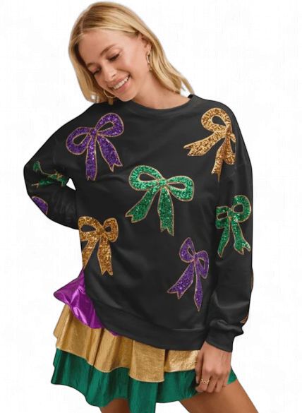 Bow Sequin Detail Mardi Gras Sweater Top