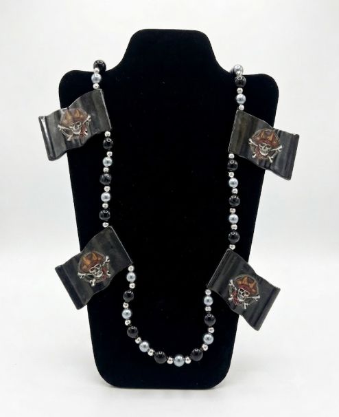 40" Pirate Flag Necklace with Black and Silver Beads (Dozen)