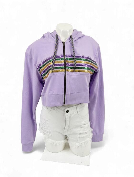 Lavender Sequin Chest Stripe Zip Up Crop Hoodie