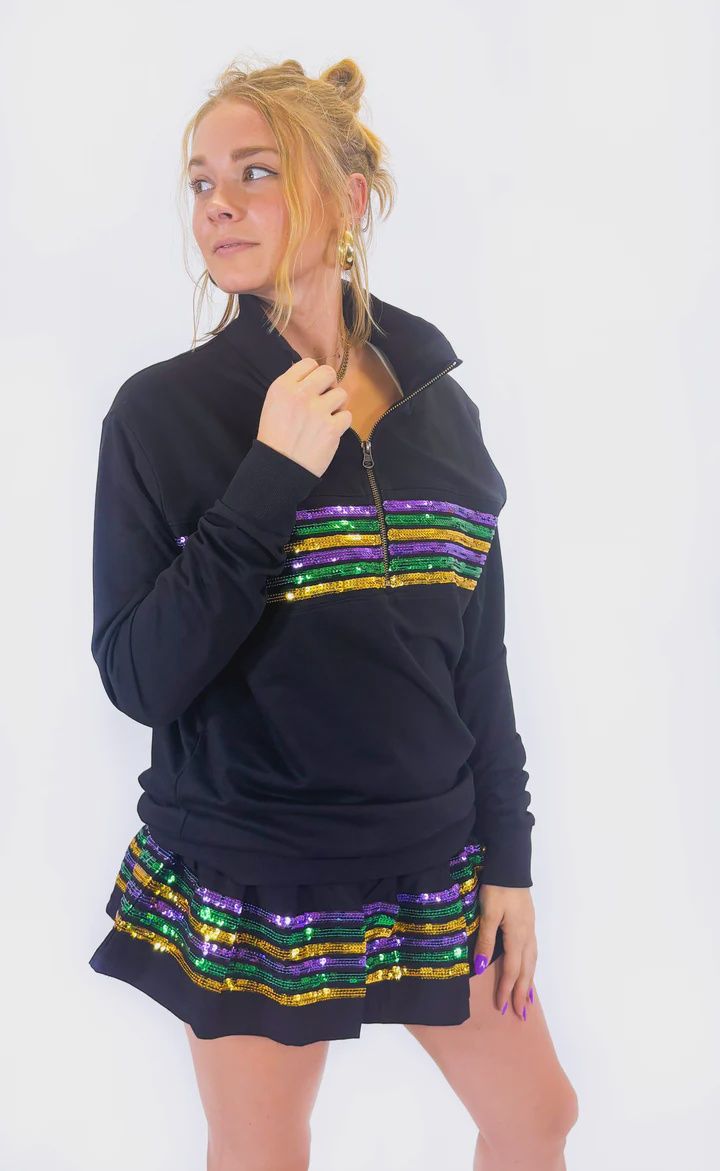Adult Black Sequin Chest Stripe 1/4 Zip Pullover