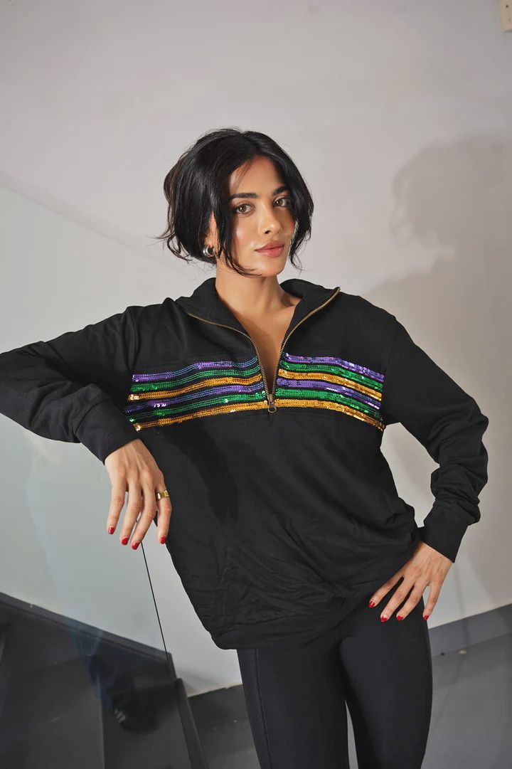 ADULT SEQUIN CHEST STRIPE 1/4 ZIP PULLOVER