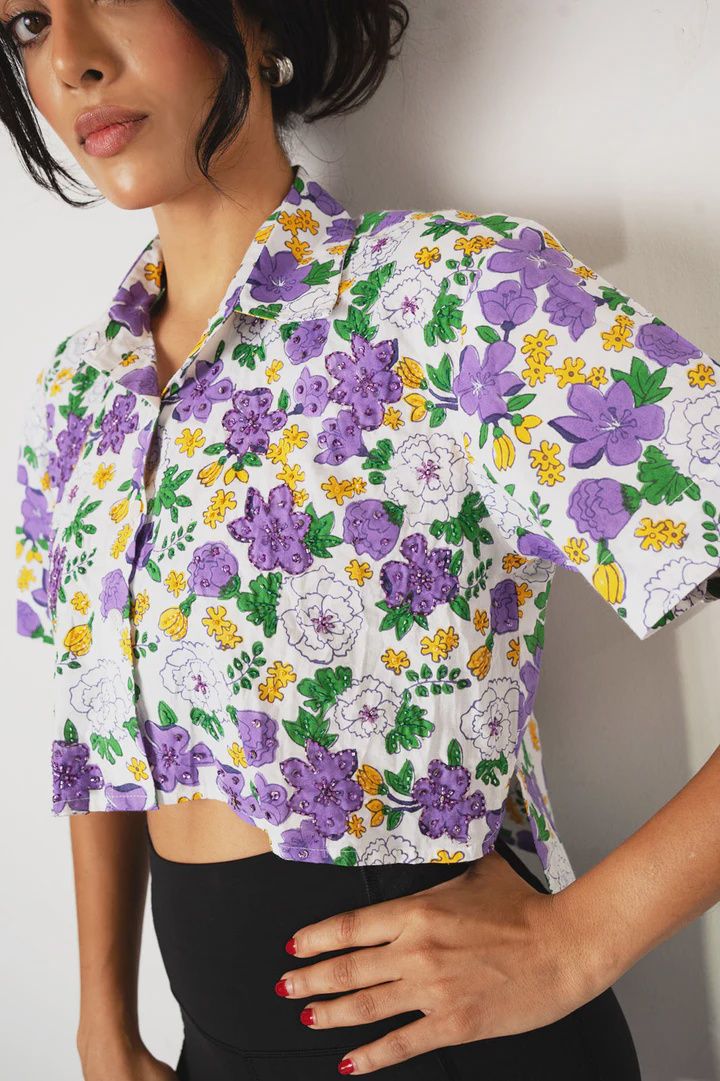 Mardi Gras Floral Block Print Button Up Crop Shirt