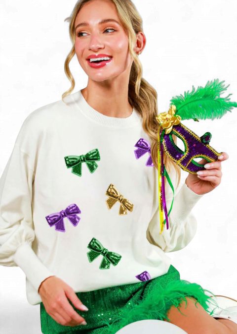 Off White Mardi Gras Sequin Bow Sweater