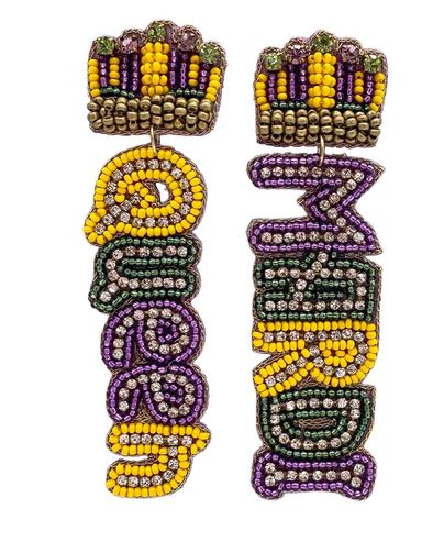 Purple, Green and Yellow Mardi Gras Beaded Earrings