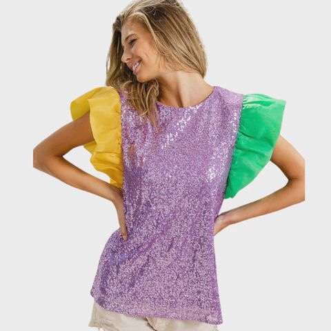 MARDI GRAS SEQUIN COLOR BLOCK PUFF SLEEVE SS TOP